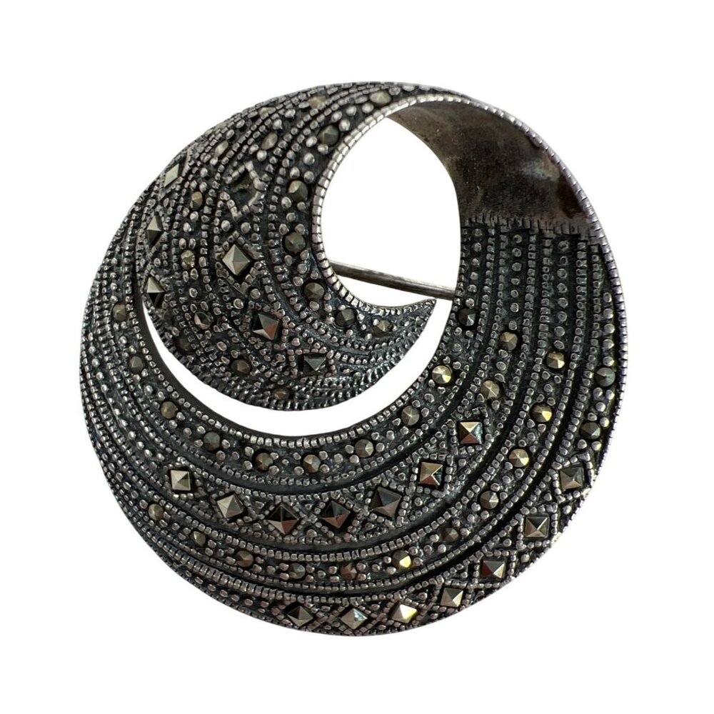 Jewelry Vintage 925 Sterling Silver Marcasite Swirl Brooch Pin 20s Art Deco Core
